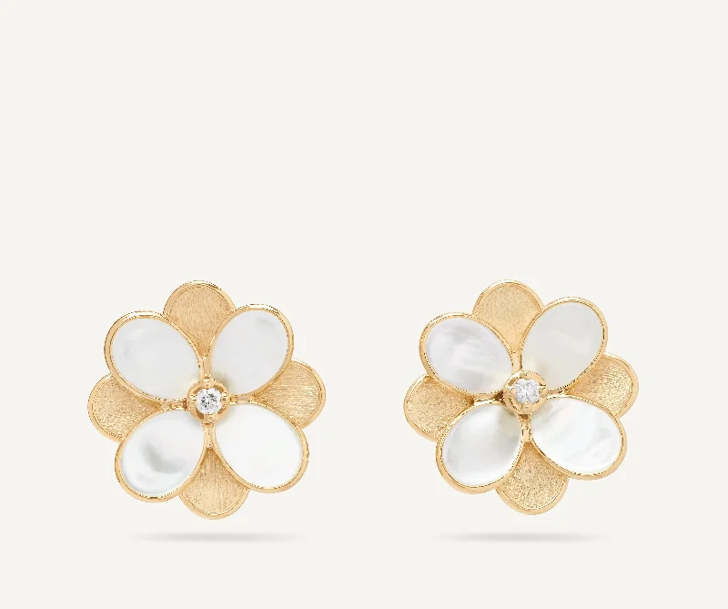 18K Yellow Gold Flower Stud Earrings with Mother of Pearl and Diamonds