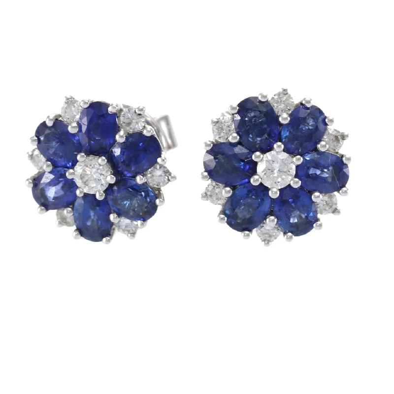 2.84CTW Oval Sapphire Diamond Cluster Stud Earrings 13mm Wide 18k White Gold