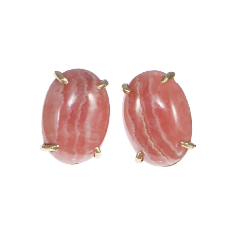 25.72ctw Oval Shape Rhodochrosite Stud Earrings Solid 14k Yellow Gold 7.3g