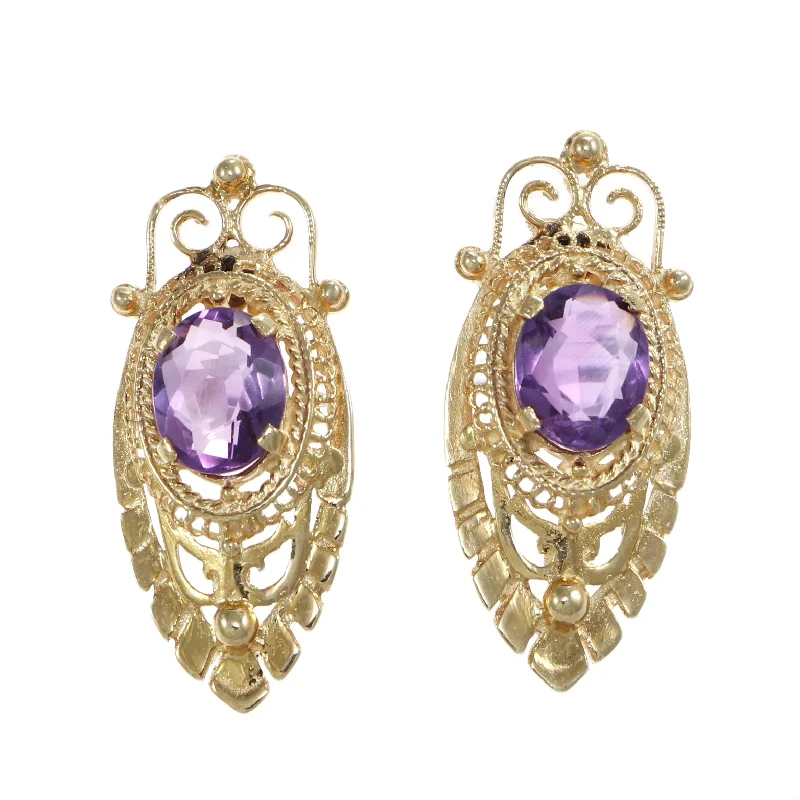 5CTW Oval Amethyst Antique Art Deco Stud Earrings Solid 14k Yellow Gold Estate