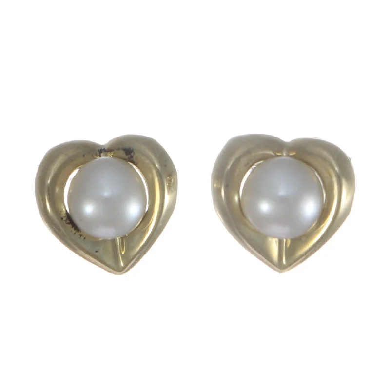 6mm Cultured Pearl Open Heart Stud Earrings 14k Yellow Gold 3.2g