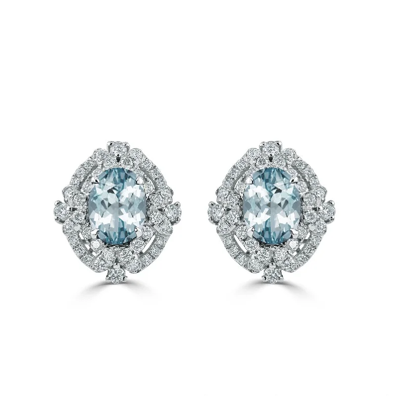 Auriya 1 1/3ct Vintage Oval-cut Aquamarine Halo Diamond Stud Earrings 5/8ctw 18k Gold