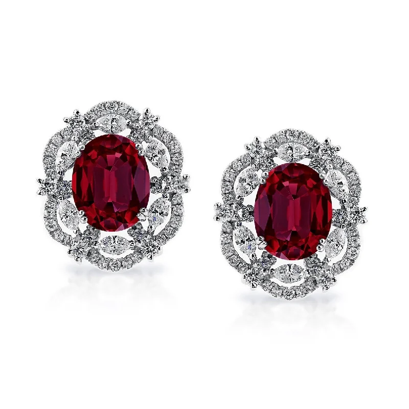 Auriya 5 3/4ct Fancy Oval-cut Red Ruby Halo Diamond Stud Earrings 1 3/4ctw 18k Gold