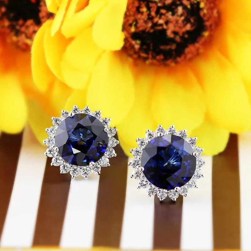 Auriya Unique 14ct Royal Blue Sapphire and 1 3/4ctw Halo Diamond Stud Earrings 18K Gold