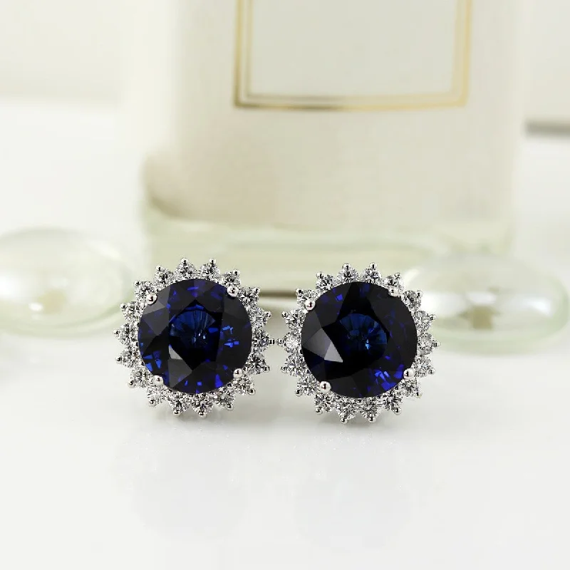 Auriya Unique 15 1/4ct Royal Blue Sapphire and 1 7/8ctw Halo Diamond Stud Earrings 18K Gold