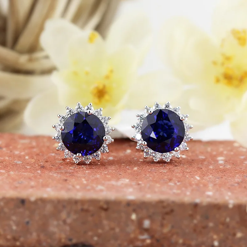 Auriya Unique 8 5/8ct Royal Blue Sapphire and 1 1/4ctw Halo Diamond Stud Earrings 18K Gold