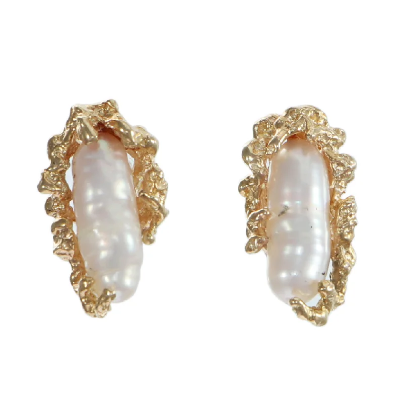 Baroque Pearl Modernist Stud Earrings Solid 14k Yellow Gold 2.8g Womens Vintage