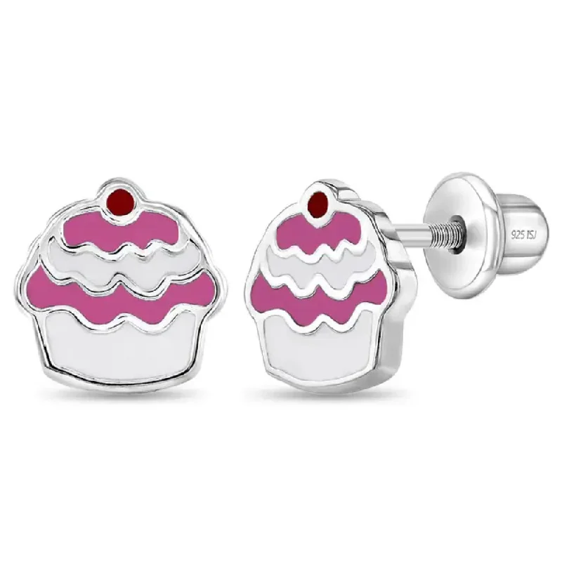 Children's Sterling Silver & Enamel Cupcake Stud Earrings