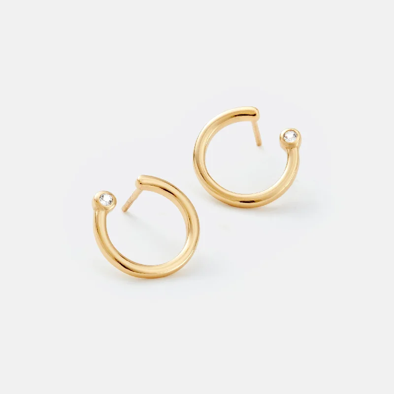 Gold Circle Stud Earrings with White Topaz