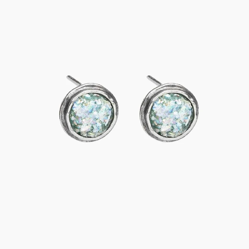 Roman Glass Patina Small Round Stud Earrings in Hammered Sterling Silver