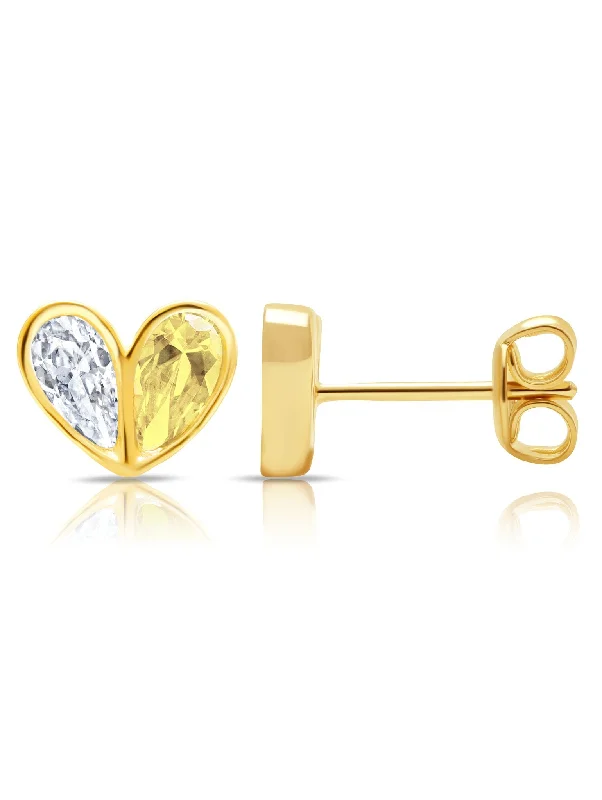 Crush- 18kt Yellow Gold Heart Stud Earrings w/ Canary Pear Cut Stone Sale