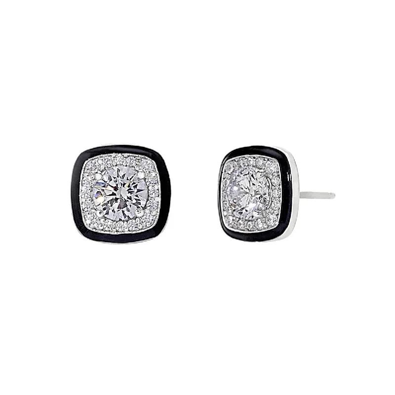 Cubic Zirconia and Black Enamel Stud Earrings in Sterling Silver