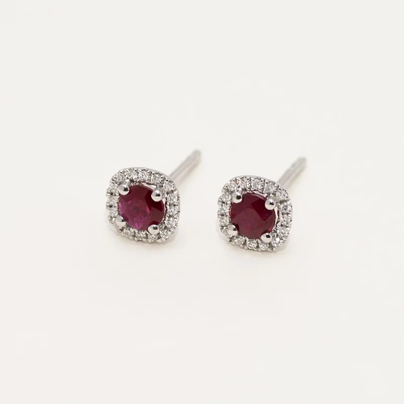 Cushion Ruby Halo Stud Earrings in 14kt White Gold with Diamonds (1/10ct tw)