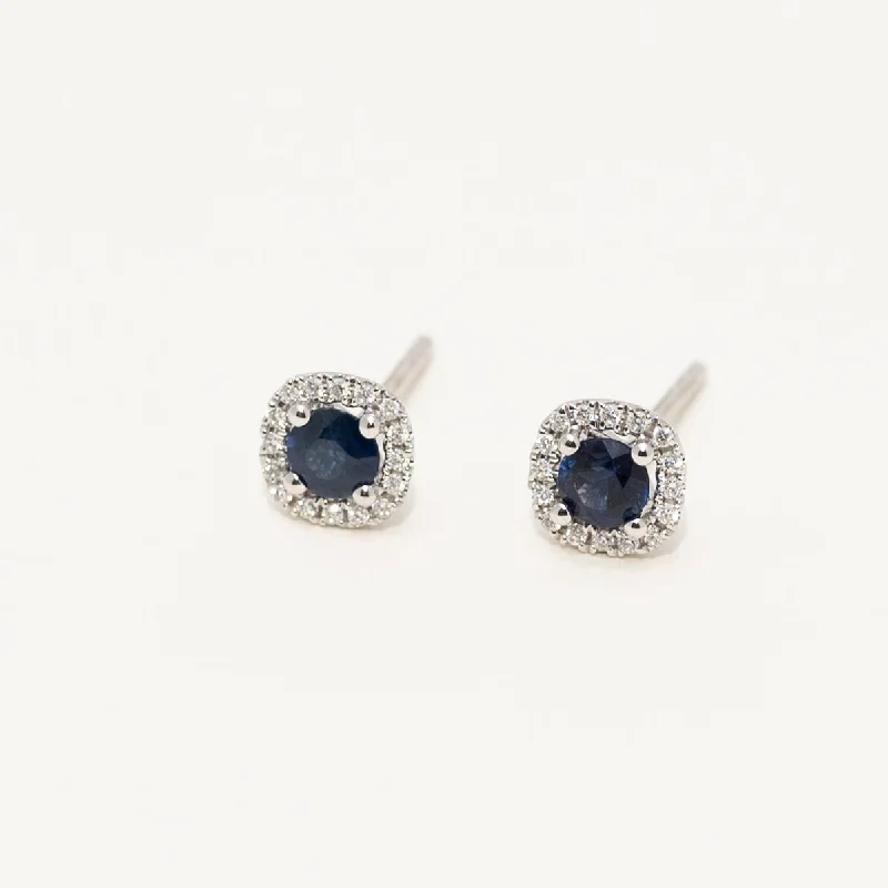 Cushion Sapphire Halo Stud Earrings in 14kt White Gold (1/10ct tw)