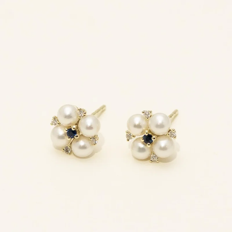 Dabakarov Cultured Freshwater Pearl and Sapphire Stud Earrings in 14kt Yellow Gold with Diamonds (1/10ct tw and 4mm pearls)