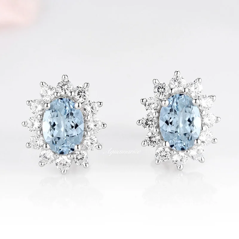 Diana Halo Oval Aquamarine Stud Earrings- Sterling Silver