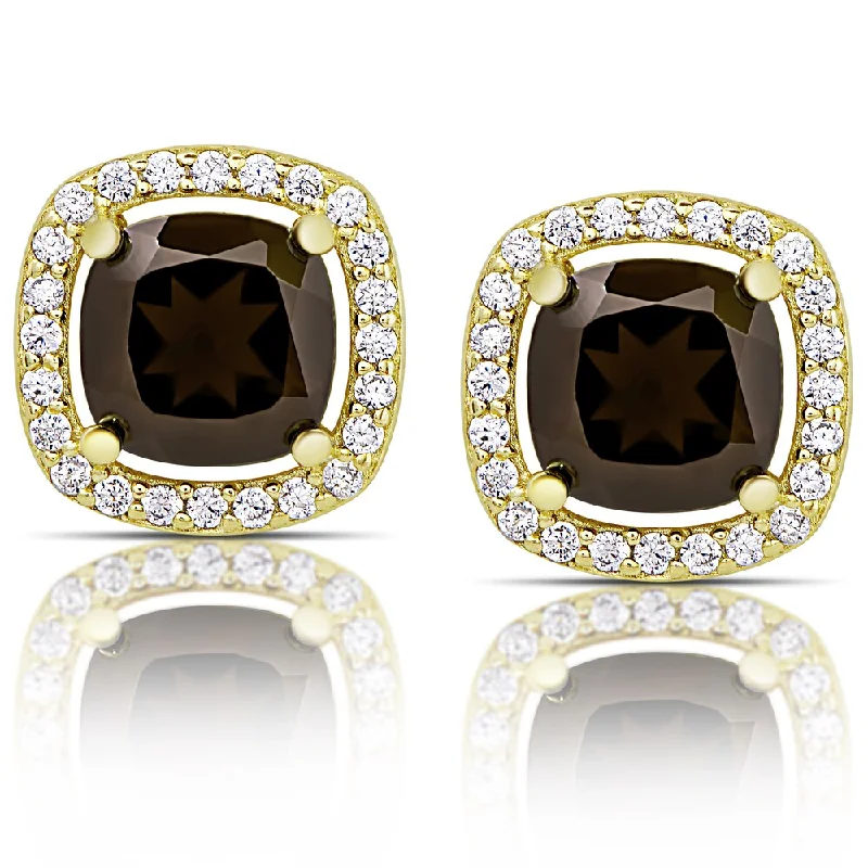 Dolce Giavonna Gold over Sterling Silver Smokey Quartz and Cubic Zirconia Halo Stud Earrings - Brown