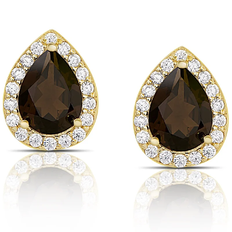 Dolce Giavonna Gold over Sterling Silver Smokey Quartz and Cubic Zirconia Teardrop Stud Earrings - Brown