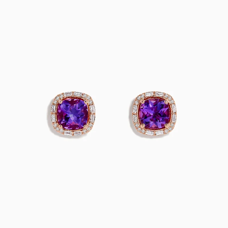 14K Rose Gold Amethyst and Diamond Stud Earrings