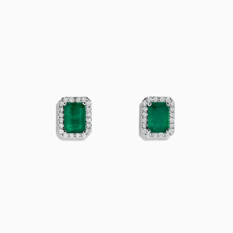 14K White Gold Diamond Halo Emerald Stud Earrings, 2.15 TCW