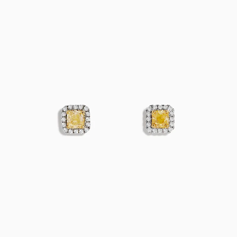 Canare 18K Two-Tone Gold Cushion Cut Yellow Diamond Halo Stud Earrings