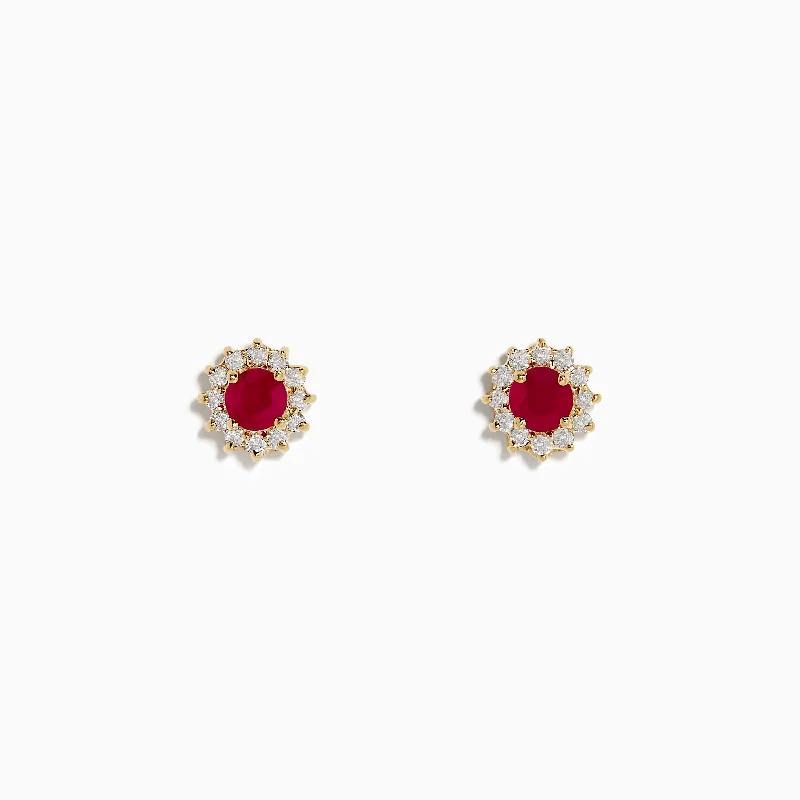 Ruby Royal 14K Yellow Gold Round Diamond Halo Ruby Stud Earrings, 0.89 TCW