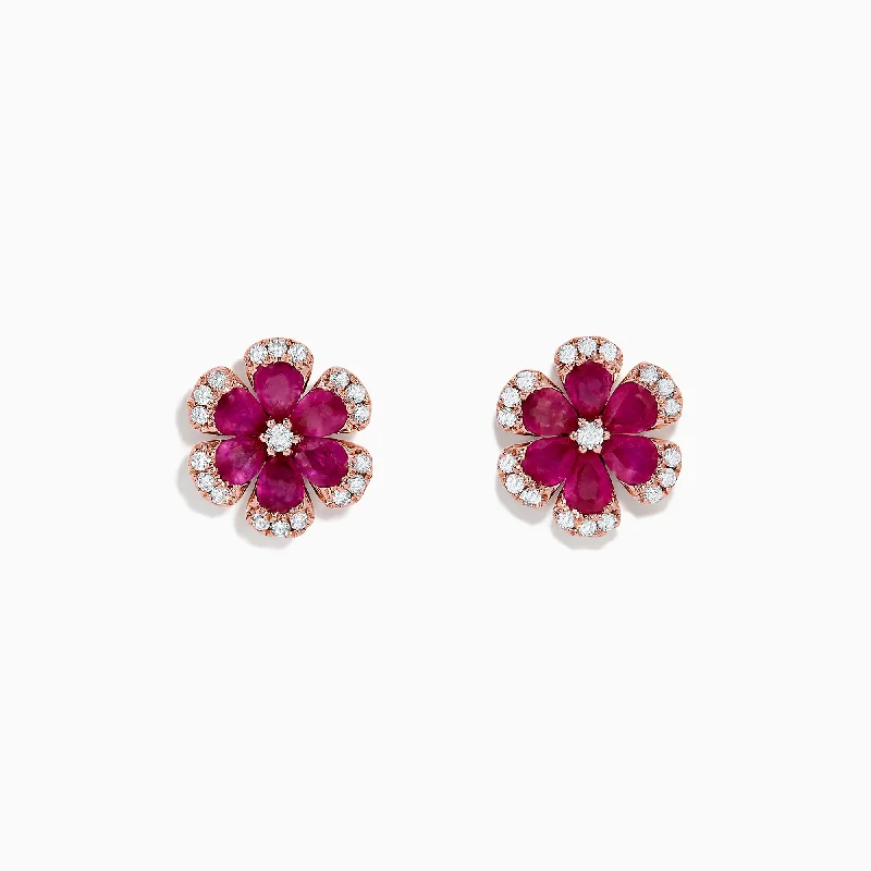 Nature 14K Rose Gold Ruby Flower Stud Earrings, 2.28 TCW