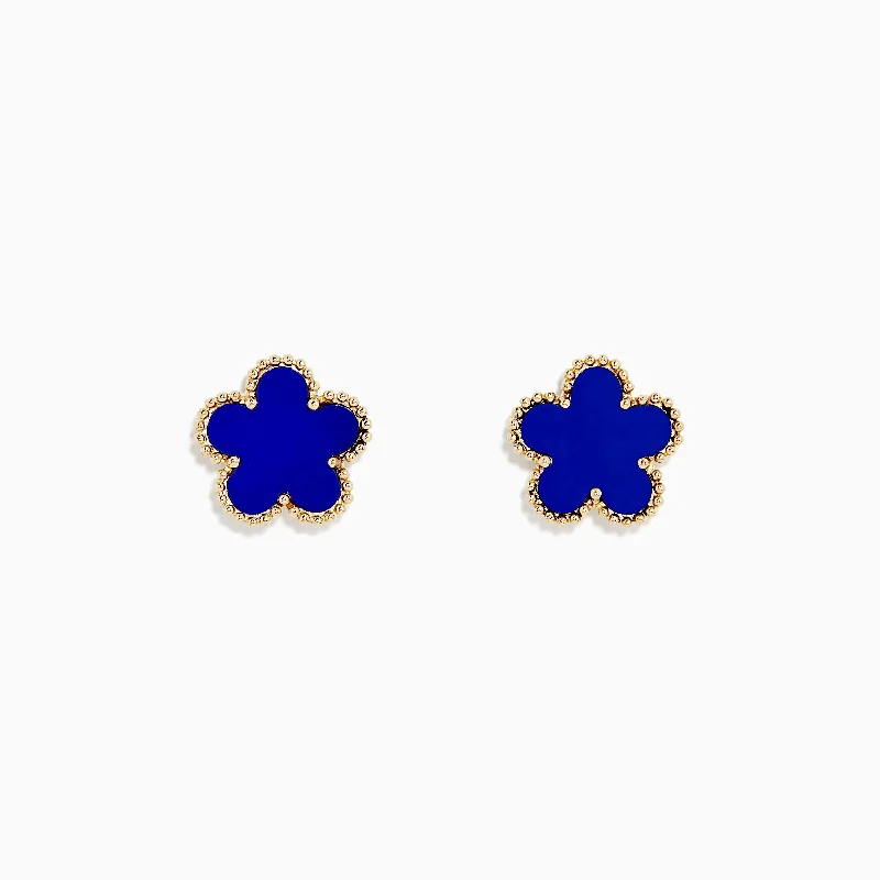 Novelty 14K Yellow Gold Lapis Flower Stud Earrings