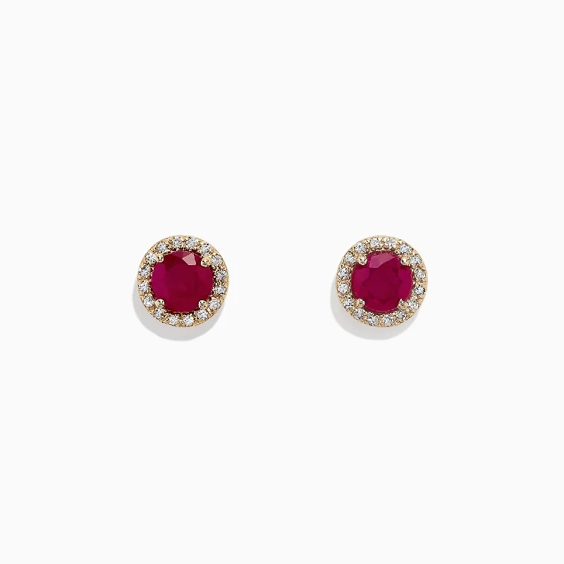 Ruby Royale 14K Yellow Gold Round Diamond Halo Ruby Stud Earrings, 1.27 TCW