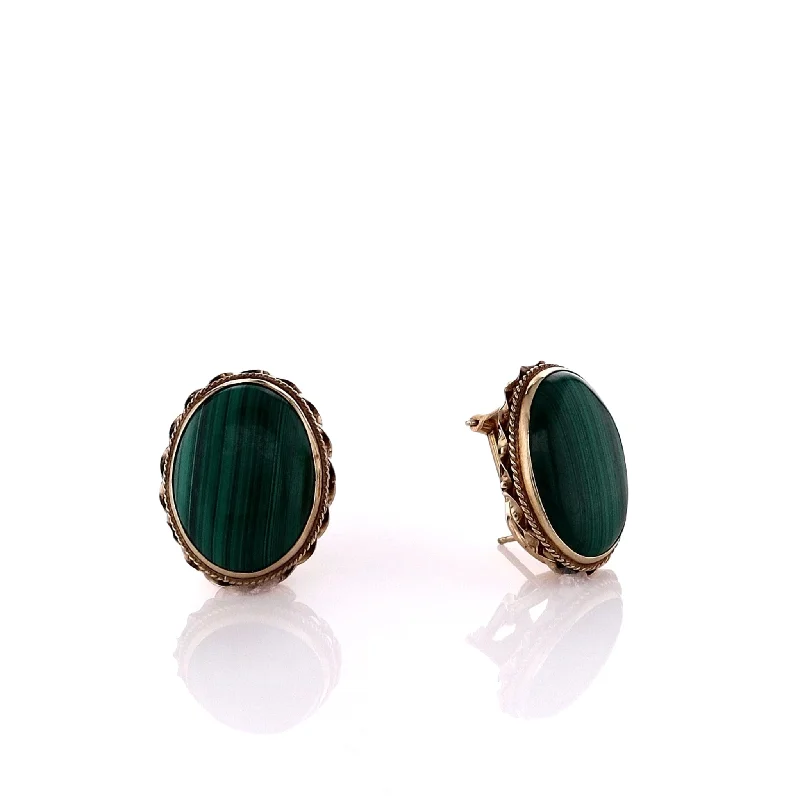 Estate 14k and 18k Yellow Gold Rope Border Malachite Stud Earrings