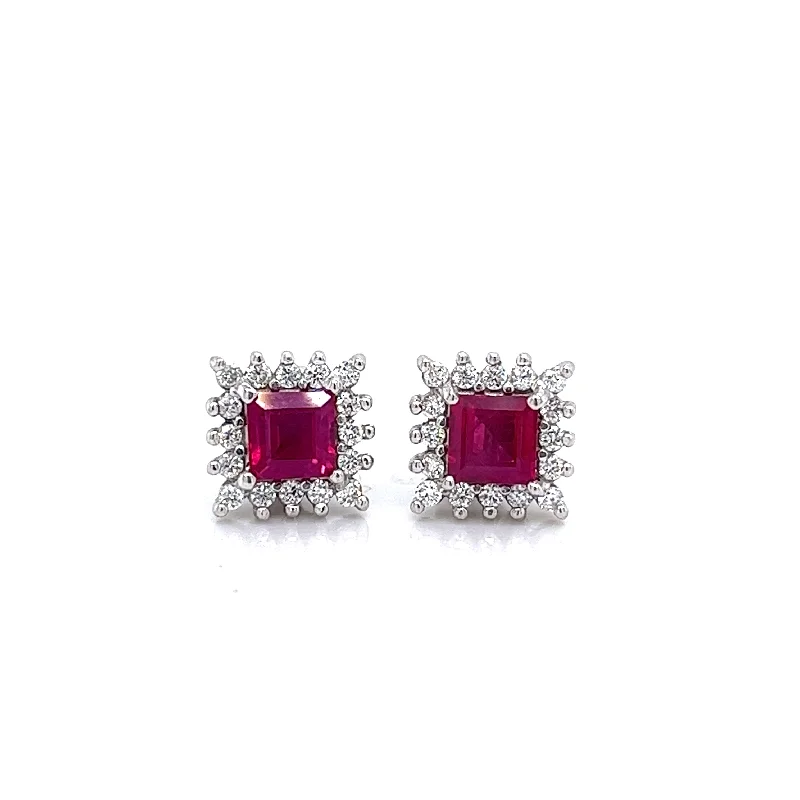 Estate Princess Shape Rubies and Diamond Solitaire/Stud Earrings in 18K White Gold (1.24ctw)