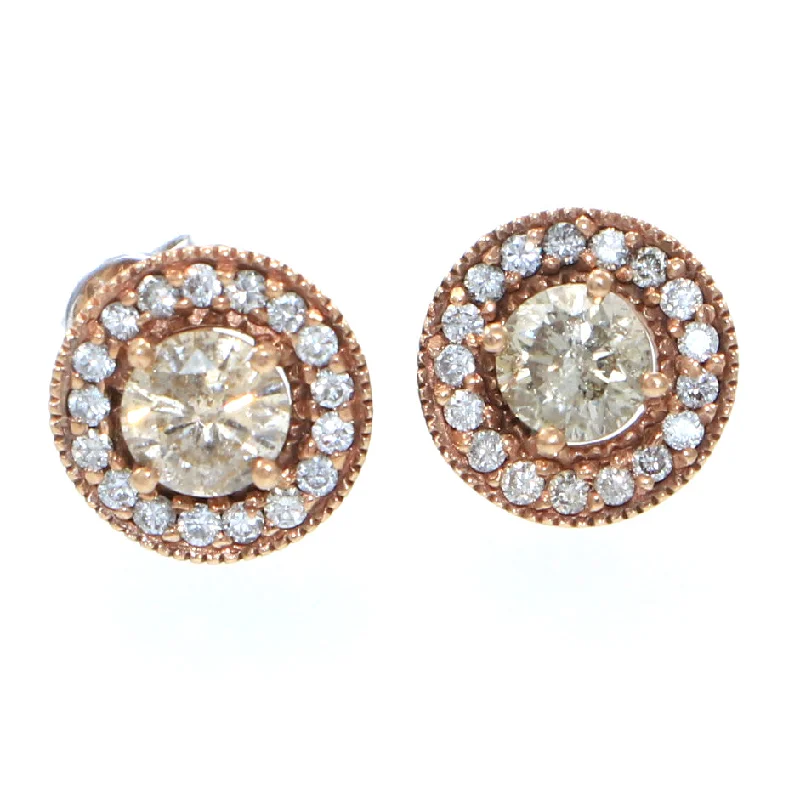 Estate Solid 14k Rose Gold 1.64ctw Diamond Halo Stud Earrings