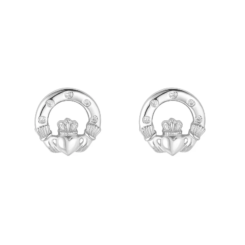 Sterling Silver Flush Set Cz Claddagh Stud Earrings