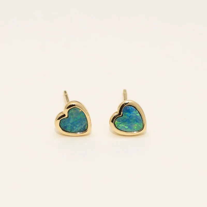 Parlé Heart Shape Australian Opal Doublet Stud Earrings in 14kt Yellow Gold