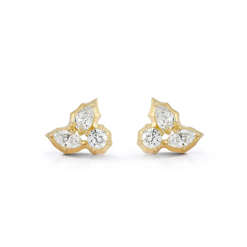 18K Gold "Posey" Three Diamond Cluster Stud Earrings