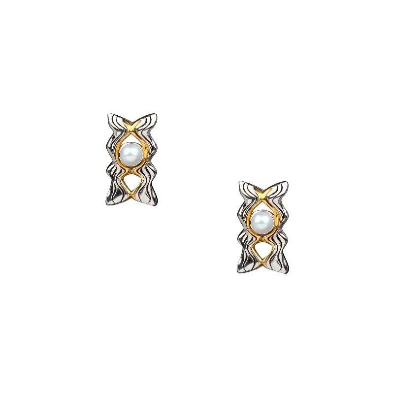 Keith Jack Rocks n Rivers Cultured Freshwater Pearl Stud Earrings in Sterling Silver and 10kt Yellow Gold (3.5mm pearls)