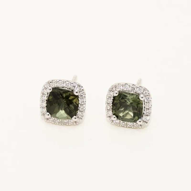 Maine Green Tourmaline Halo Stud Earrings in 14kt White Gold with Diamonds (1/4ct tw)