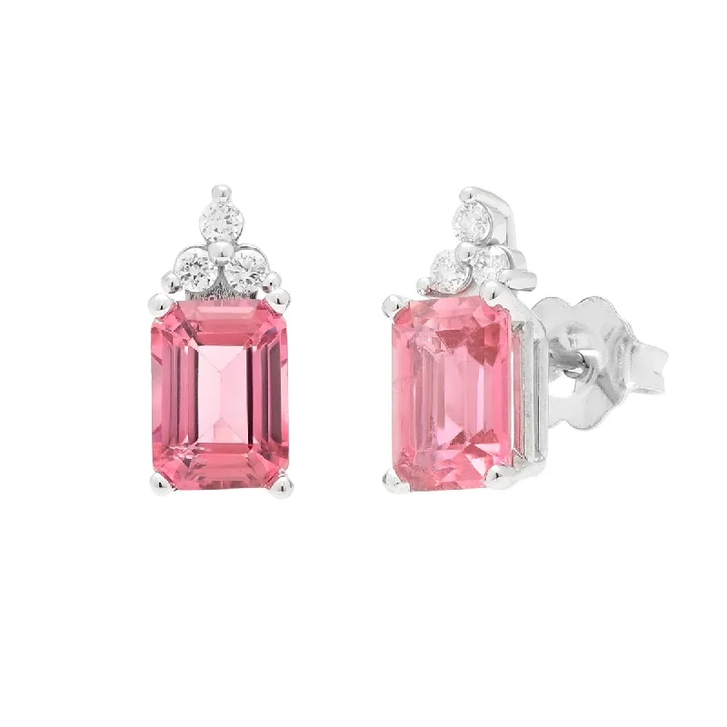 Maine Pink Tourmaline Emerald Cut Stud Earrings in 14kt White Gold with Diamonds (1/10ct tw)