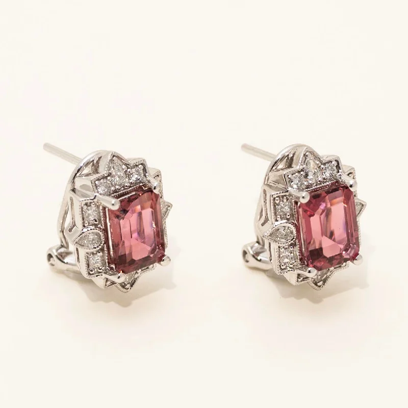 Maine Pink Tourmaline Emerald Cut Stud Earrings in 14kt White Gold with Diamonds (1/2ct tw)