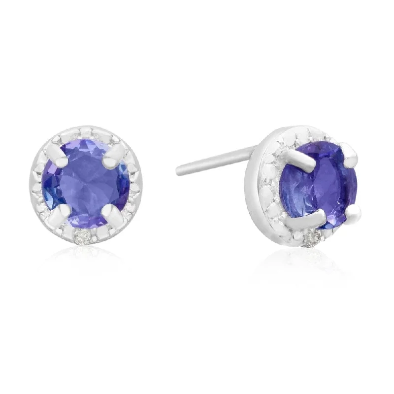 Marquee 1 Carat Tanzanite and Diamond Halo Stud Earrings in .925 Sterling Silver