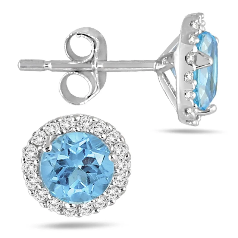 Marquee 5MM Blue Topaz and Diamond Stud Earrings in 14K White Gold