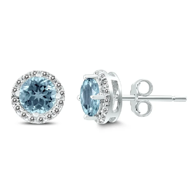 Marquee Aquamarine and White Topaz Halo Stud Earrings in .925 Sterling Silver