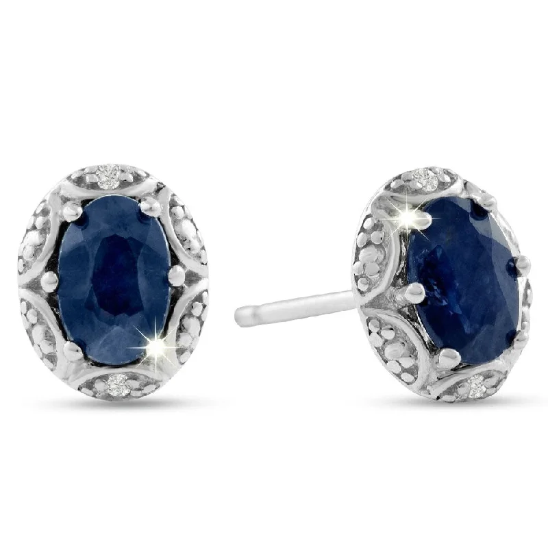 Marquee Sapphire and Diamond Halo Stud Earrings In .925 Sterling Silver