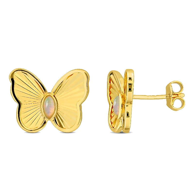 Miadora 1/10ct TGW Ethiopian Blue Opal Butterfly Stud Earrings in Yellow Silver