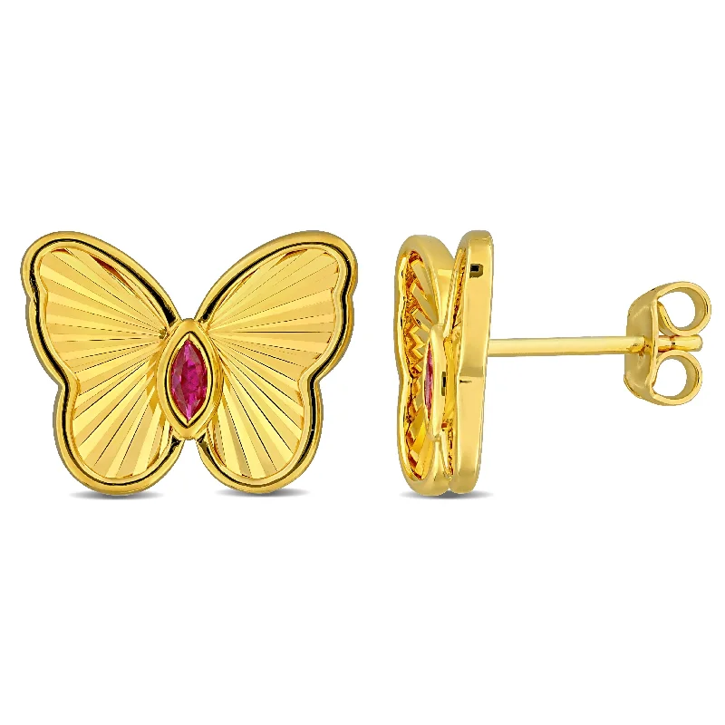 Miadora 1/4ct TGW Marquise-Cut Created Ruby Butterfly Stud Earrings in Yellow Plated Sterling Silver