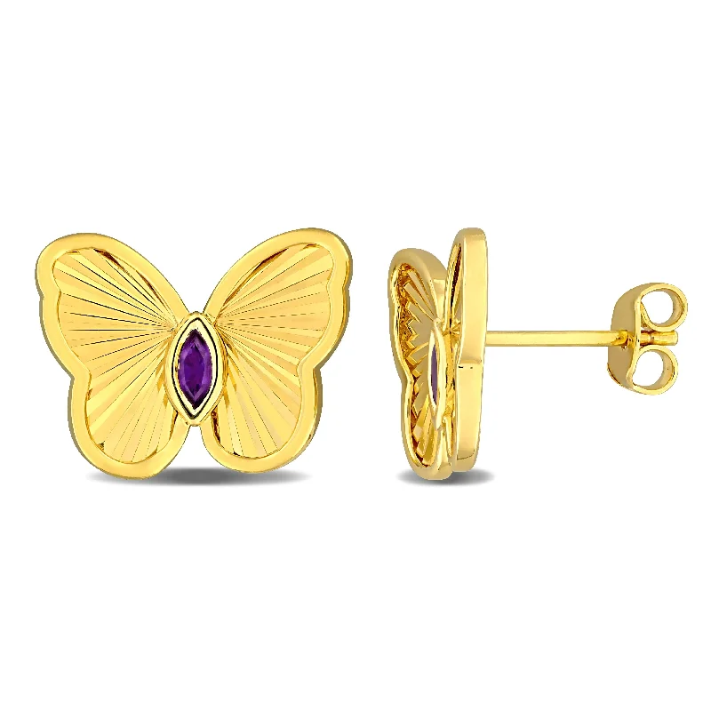 Miadora 1/7ct TGW Marquise-Cut Amethyst Butterfly Stud Earrings in Yellow Plated Sterling Silver