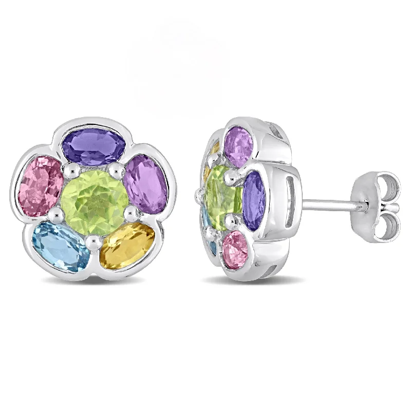 Miadora 3 3/4ct TGW Multi-Gem Floral Stud Earrings Sterling Silver