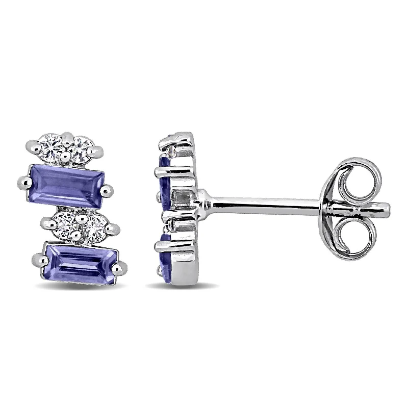 Miadora 7/8 ct TGW Baguette Shaped Tanzanite and White Topaz Stud Earrings in Sterling Silver