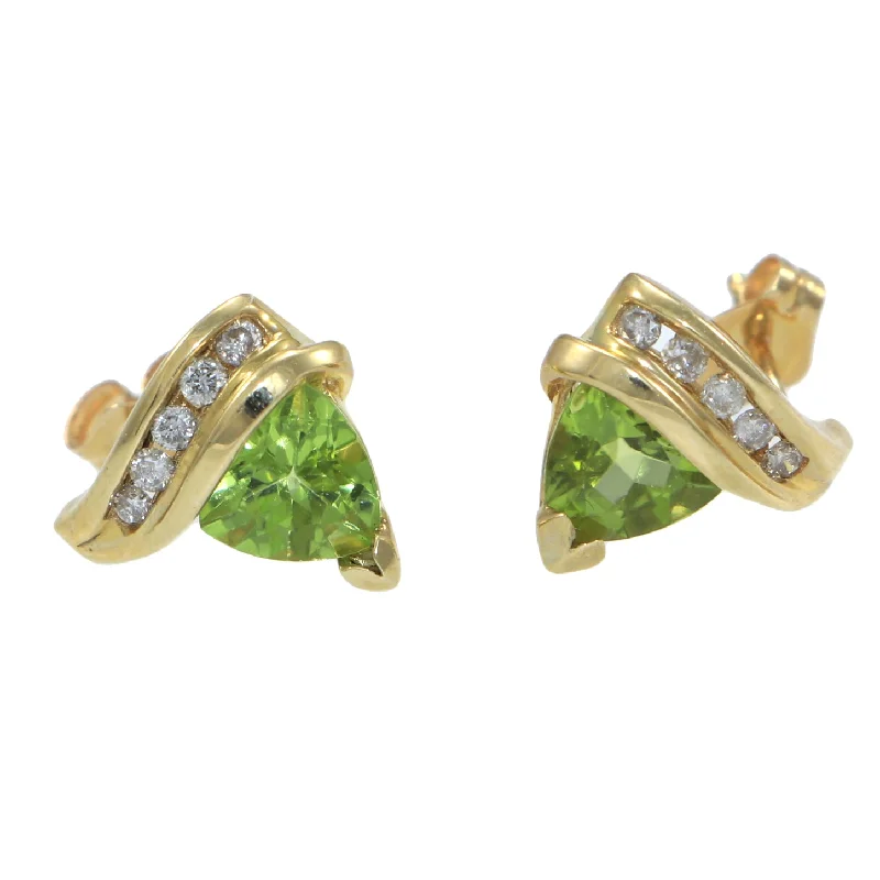 Modern 14k Yellow Gold 1.52ct Trillion Peridot .25ct Diamond Stud Earrings