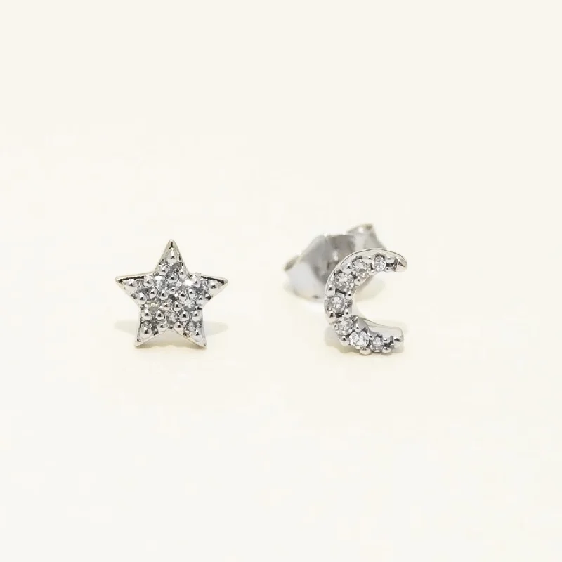 Moon and Star Petite Diamond Stud Earrings in 10kt White Gold (1/10ct tw)